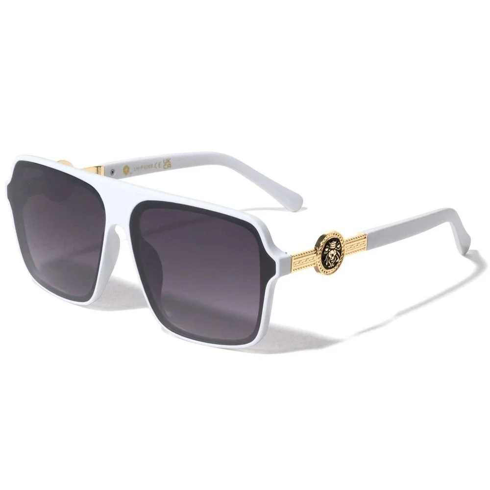 Mens White Oversized Square Sunglasses Gold‎ Lion Head Medallion Streetwear Rap